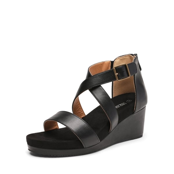 Ankle Strap Open-Toe Platform Wedge Sandals - BLACK PU -  0